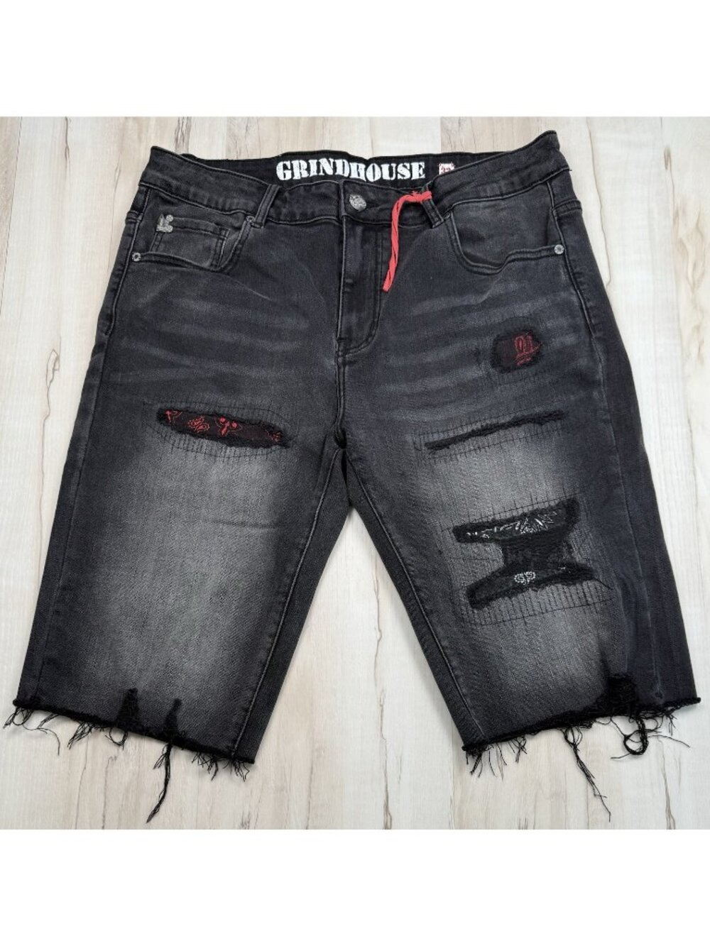 THE GRINDHOUSE DENIM CO Mens 32 Black Distressed JEAN SHORTS Streetwear Hip Hop